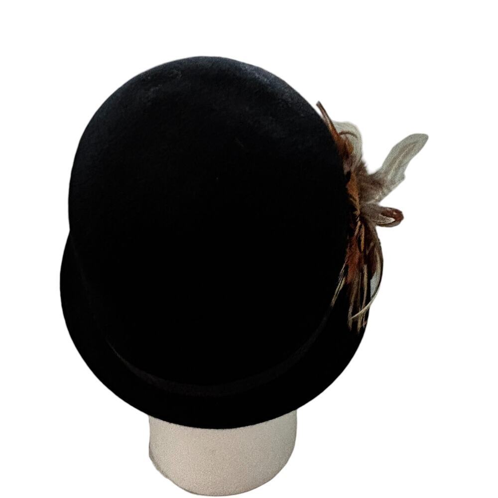 Badgley Mischka Black Wool Bucket Hat Feather Accent Ribbon Trim - Picture 4 of 8